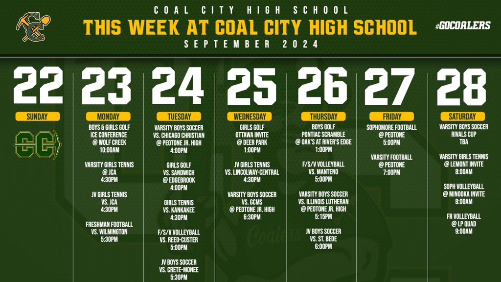 Come support your Coalers in Peotone!! 

And your weekly schedule is here too! 💚