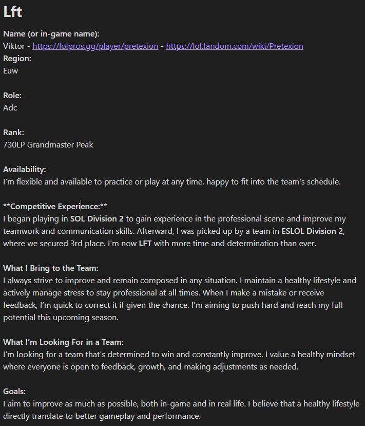 pretexion's tweet image. Hi! After a succesful split in ESLOL Div 2 im now LFT!

More info about myself is in the images below, thank you for your time. 🙂