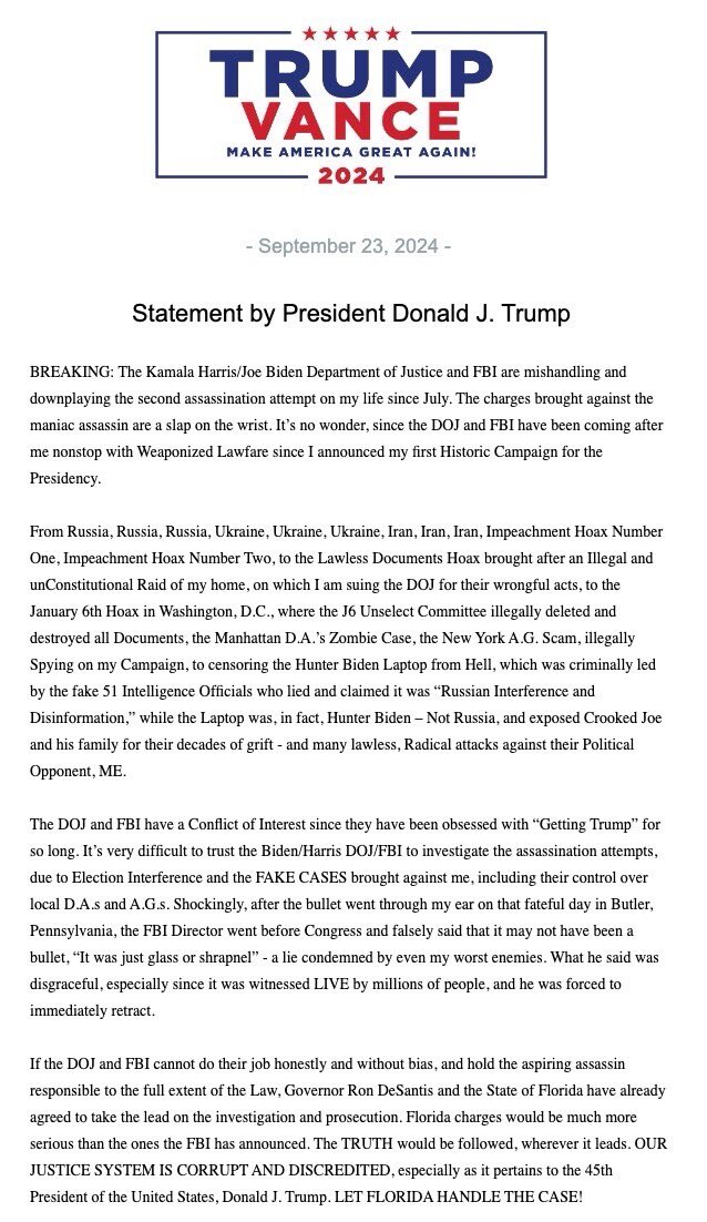 RonFilipkowski's tweet image. Trump the kooky conspiracy theorist demands that the Feds hand over the investigation and prosecution of the guy at his golf course to Ron Desantis.