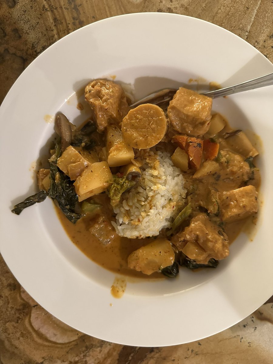 Broke out the Dutch oven twice — red curry and pandan rice for lunch, then beef and vegetable soup f