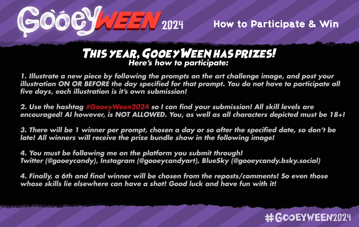gooeycandy's tweet photo. 🎃GooeyWeen is BACK, baby!👻
5 haunted &amp; horny prompts to inspire your October artistry!

🎉 This year, it’s ALSO a CONTEST!
🔸Read below for more details and how to enter!

Happy #GooeyWeen2024!😈 Can’t wait to see what you all make! I’ll be participating too! https://t.co/2M7KUjpGyb