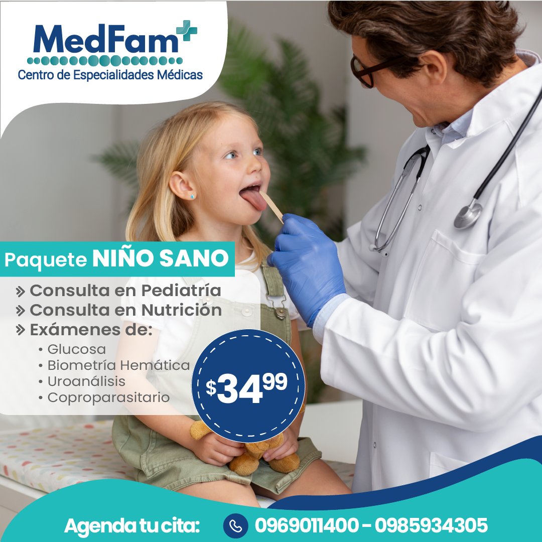 MedFam_ec's tweet photo. 👶🩺¿ESTÁS CUIDANDO LA SALUD INTEGRAL DE TUS HIJOS? 💙💪

Con nuestro PAQUETE NIÑO SANO  aseguras su bienestar accediendo a consulta con especialistas en Pediatría y Nutrición más exámenes de laboratorioque garantizan una revisión completa. 💚👨‍⚕️👩‍⚕️

✅ Precio especial: $34.99🤗✨ https://t.co/yQYGmJdRur