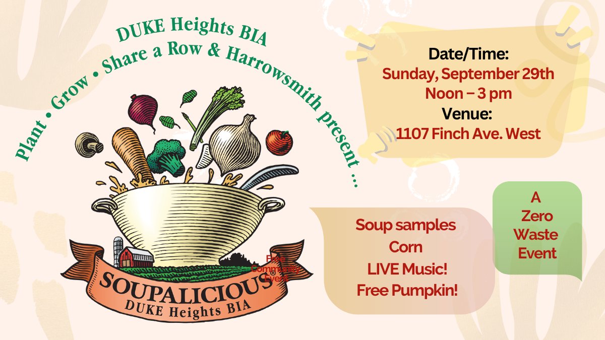 🍲 Soup’s ON! 🍲
🍊🎊 Join us for the SOUPALICIOUS DUKE Heights event on Sept 29, from noon to 3 PM at 1107 Finch Ave. W. Enjoy delicious soups, corn, live music, games, arts &amp; crafts, and more- all for FREE! 🎶🎨
#HarvestParty #TorontoEvents #FreeEvent #Vegetarian #ZeroWaste
