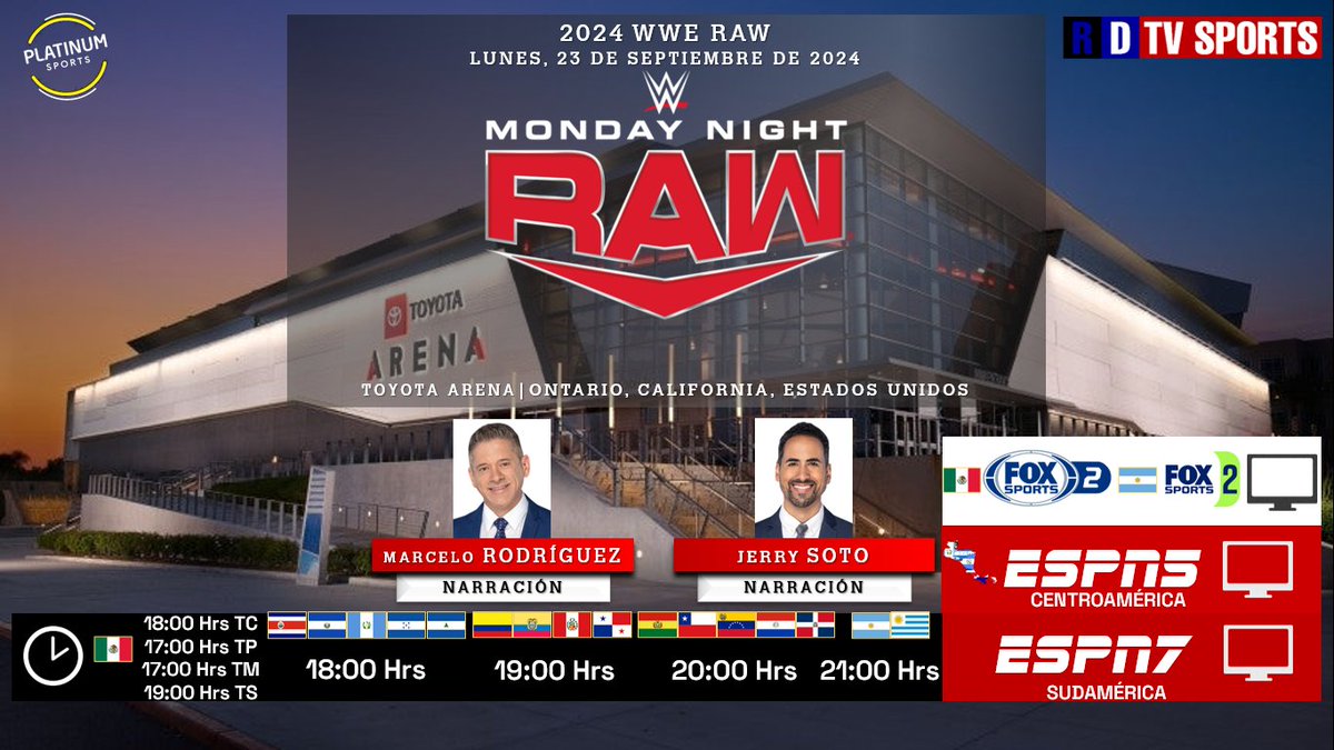 ramonovic09's tweet photo. 🇺🇸 #LuchaLibre #WWE | #WWERaw

🗓️ Hoy
🇲🇽 ⏰ 18:00 Hrs TC, 17:00 Hrs TP
📺 @FOXSportsMX 2
🇨🇷🇸🇻🇭🇳🇬🇹🇳🇮 18:00 Hrs
🇨🇴🇵🇦🇵🇪🇪🇨 19:00 Hrs
🇧🇴🇨🇱🇩🇴🇵🇾🇻🇪 20:00 Hrs
🇦🇷🇺🇾 21:00 Hrs
📺 @FOXSportsArg 2
📺 #ESPN5 CA
📺 #ESPN7 SA
🎤 @MarceloAtWWE
🎤 @JerrySotoNarra

🤳🏼 #WWExFSMX #WWExESPN #Wrestling https://t.co/gaO3CaKXRP