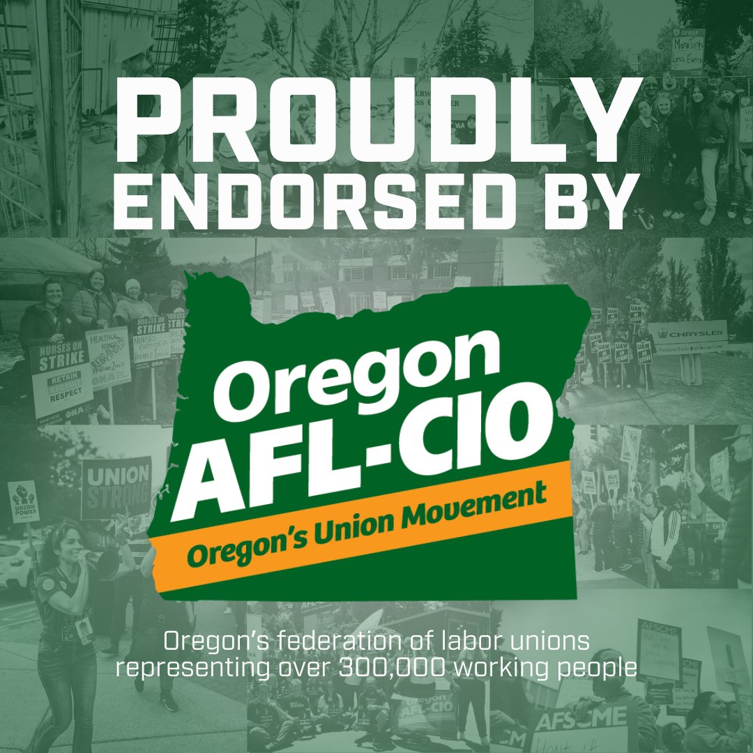 Honored to be endorsed by <a href="/OregonAFLCIO/">Oregon Labor Federation, AFL-CIO</a>! Growing up with both my parents in labor unions, I saw unions can lift up families and secure fair wages and safe working conditions. I’ll always stand with labor unions to protect workers' rights and ensure a stronger future for #OR05!
