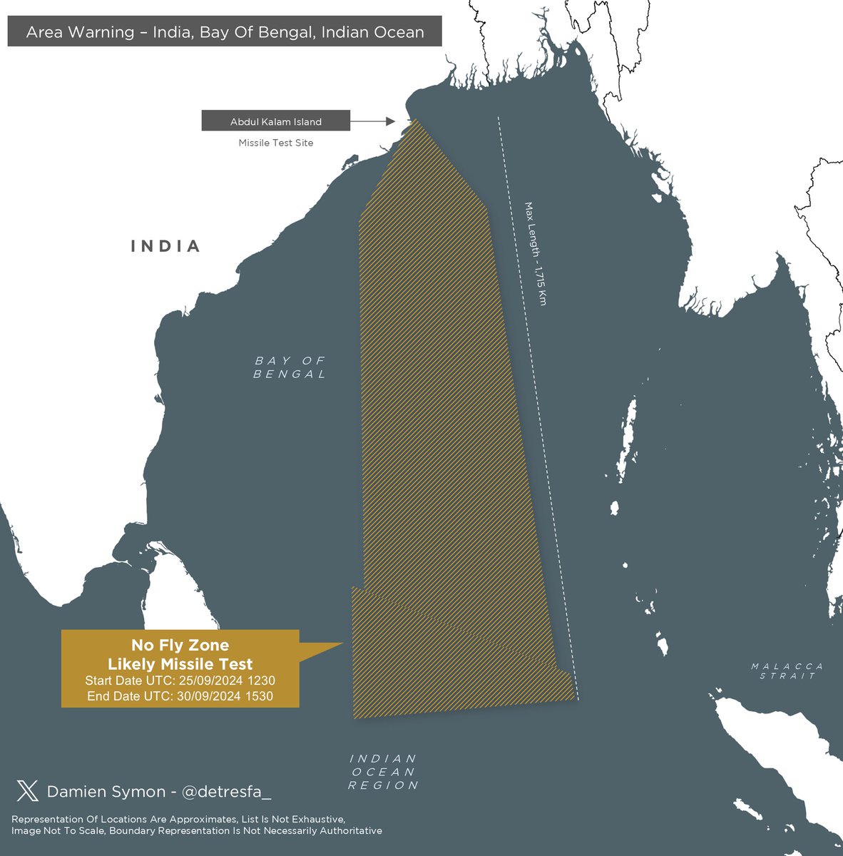 Prakash20202021's tweet image. #AreaWarning 🚨 | India has issued a no-fly zone notification over the Bay of Bengal region extending into the Indian Ocean, indicating a likely missile test.

📅 Date: 25-30 September 2024

#MissileTest 
#BayOfBengal 
#IndianOcean