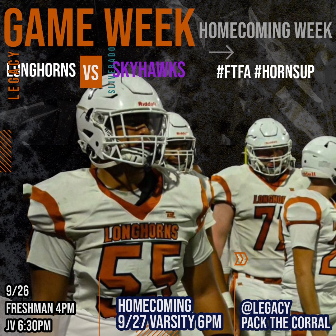Game week!! Homecoming vs Silverado 

🗣️🗣️ We’re back at the Corral🗣️🗣️

Freshman and JV Thursday @ 4:00 and 6:30pm

Varsity Friday @ 6:00pm

#Hornsup #FTFA #TogetherWeWin