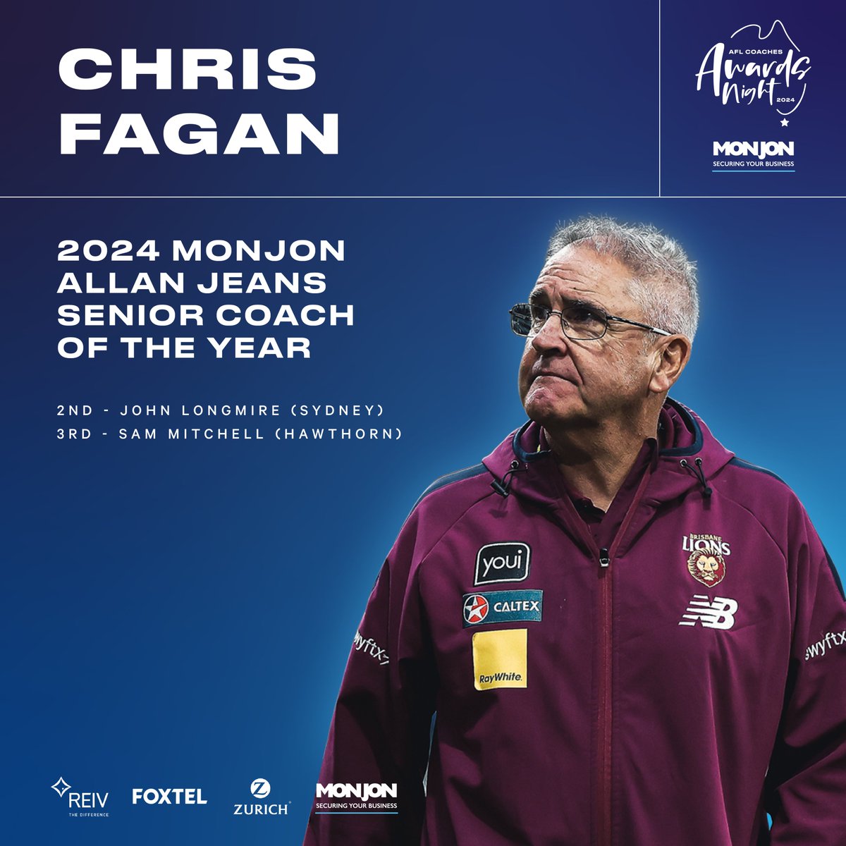 AFLCoaches_'s tweet photo. HEAR HIM ROAR! 🦁

2024 @monjonaust  ALLAN JEANS SENIOR COACH OF THE YEAR

Congratulations
CHRIS FAGAN!

@brisbanelions 

https://t.co/4K22QPauvn https://t.co/wiDEHdFfUq