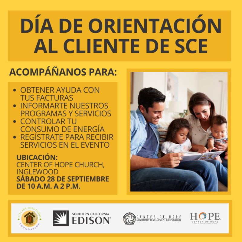 ¡Atención comunidad! 📢
No se pierdan el DÍA DE ORIENTACIÓN A CLIENTE DE, organizado por Southern California Edison (SCE) este sábado 28 de septiembre de 10 AM a 2 PM. 

#SCE #SouthernCaliforniaEdison #AsistenciaComunitaria #AhorroDeEnergía #CCETeam