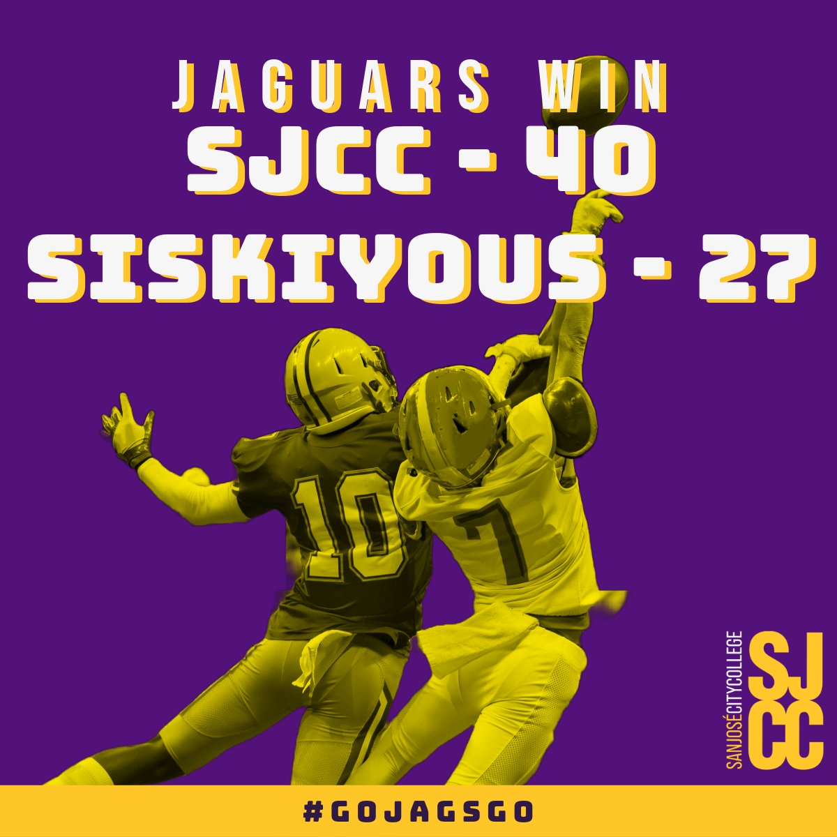 sjccsports's tweet photo. Congrats to the Jaguar Football team for its second straight win at home on Saturday! The team has scored 71 points over the last two games. #gojagsgo https://t.co/eUKsxboaG3
