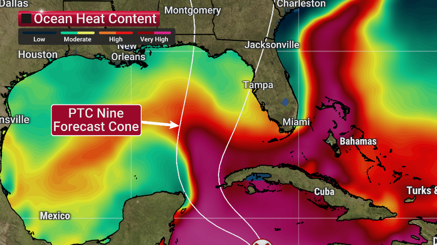 JacquiJerasTV's tweet photo. PTC 9 is expected to undergo rapid intensification in the Gulf of Mexico.  RI is when winds increase 35mph in 24hrs or less.  Soon to be Helene will move over the "Loop Current" which is like high octane fuel that feeds out of the Caribbean, loops through the Gulf and feeds the Gulf Stream Current. It is deep warm water. Not just hot at the surface.
