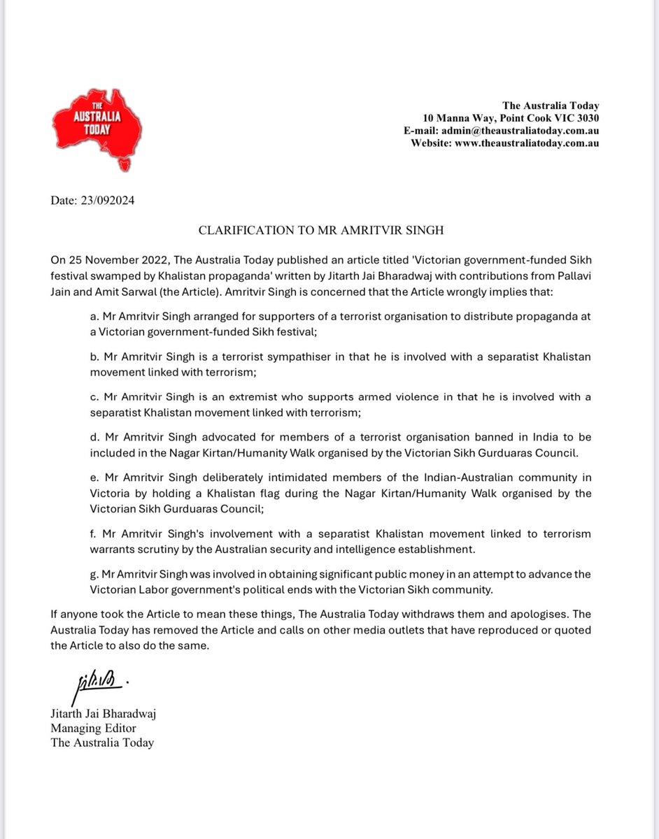 GurpreetSSahota's tweet photo. Breaking: @TheAusToday faced significant fines and was required to issue an apology due to the spread of misinformation and disinformation against an Australian Sikh. 

The news portal, founded by few Indians with strong inclination towards BJP, cleverly incorporated the word 'Australia' in its name to give the appearance of being an international news outlet.