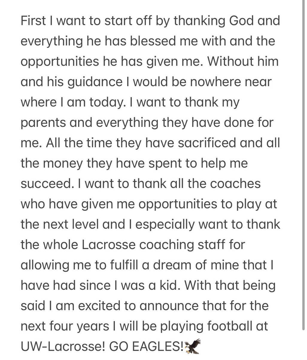 HunterHibbard27's tweet photo. COMMITTED!!!🦅🦅

@travisWSN @CoachMacUWL @UWLEagleFB @MJ_NFLDraft @OJW_Scouting @PrepRedzoneWI https://t.co/ZoUFSyuKID