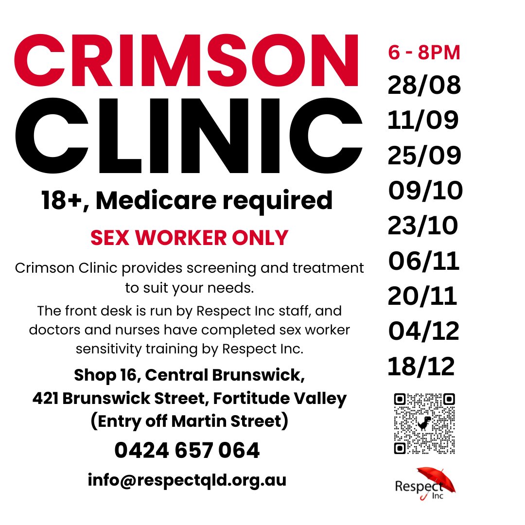 🚨CRIMSON CLINIC TOMORROW🚨
Crimson Clinic is for SW only and 100% free, you will need a current Medicare number.
The staff at the front desk are from Respect Inc.
Bookings: 0424657064
Address: Shop 16 Central Brunswick, 421 Brunswick Street, Fortitude Valley