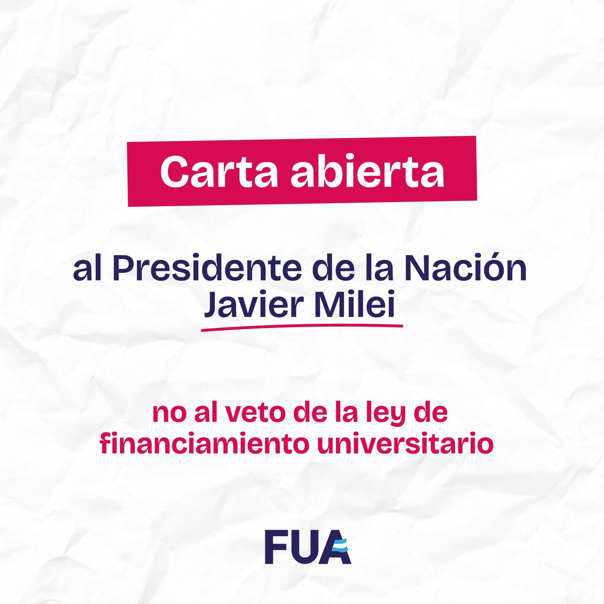 laFUA's tweet photo. PRESIDENTE DE LA NACIÓN: NECESITAMOS LEY DE FINANCIAMIENTO UNIVERSITARIO.

Te invitamos a deslizar las imágenes y leer la carta abierta al Presidente de la Nación Javier Milei.

#NoAlVeto https://t.co/mdALR0VxWl