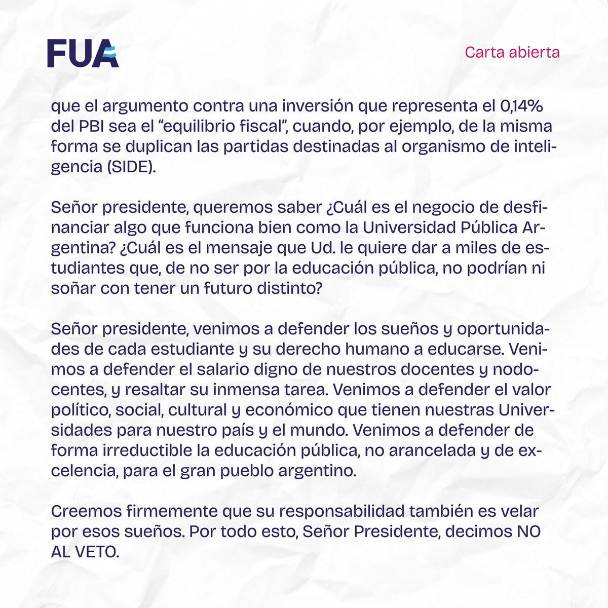 laFUA's tweet photo. PRESIDENTE DE LA NACIÓN: NECESITAMOS LEY DE FINANCIAMIENTO UNIVERSITARIO.

Te invitamos a deslizar las imágenes y leer la carta abierta al Presidente de la Nación Javier Milei.

#NoAlVeto https://t.co/mdALR0VxWl
