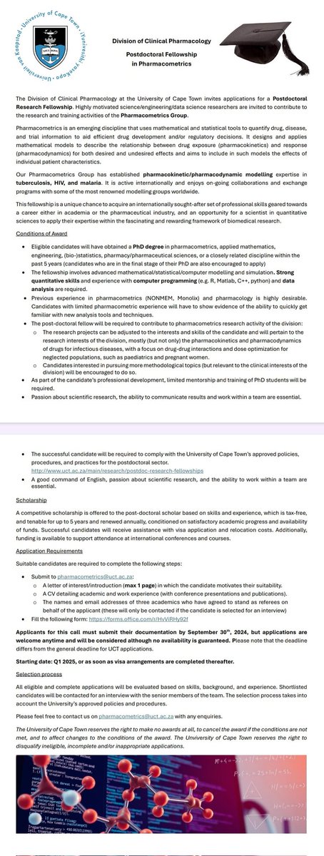 Patty Mitre (@pattymitre_) on Twitter photo The Division of Clinical Pharmacology at the University of Cape Town is currently offering PhD student positions and Postdoctoral fellowships in Pharmacometrics.
For any enquiries, please contact pharmacometrics@uct.ac.za The Division of Clinical Pharmacology at the University of Cape Town is currently offering PhD student positions and Postdoctoral fellowships in Pharmacometrics.
For any enquiries, please contact pharmacometrics@uct.ac.za
