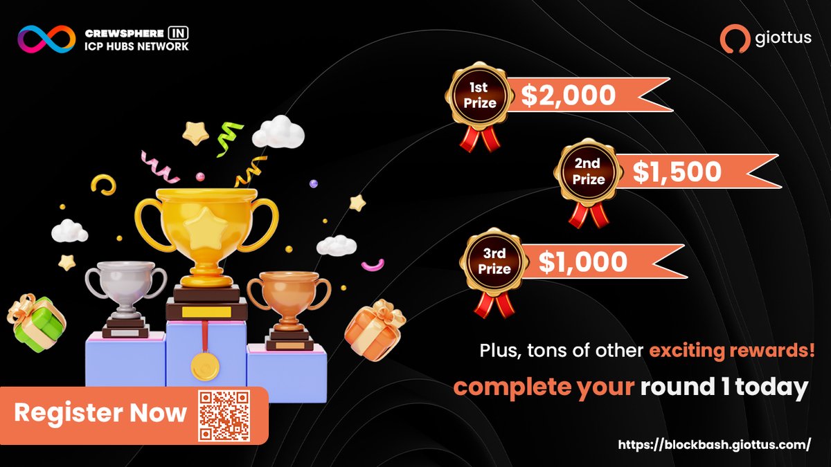 giottus's tweet image. 🏆 Join the Block Bash Hackathon for a chance to win exciting rewards!

 First prize: $2,000 🥇, 
Second prize: $1,500 🥈, 
Third prize: $1,000 🥉. 

Tons of other rewards await! 

Register now: blockbash.giottus.com 🚀 

#BlockBash #Hackathon #Crypto #ICP #Giottus #Web3