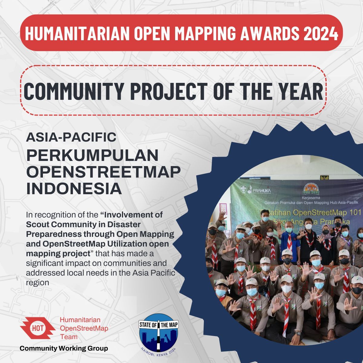 hotosm's tweet photo. ✉️  Who are the winners of our Community Working Group's Humanitarian Open Mapping Awards 2024?
In the "Community Project of the Year" Category, we have...

@OSM_ID, @ALINEAfrica and @OSMNiger

Congratulations on a well-deserved award!! 🎉 https://t.co/FAyJVlv2vd