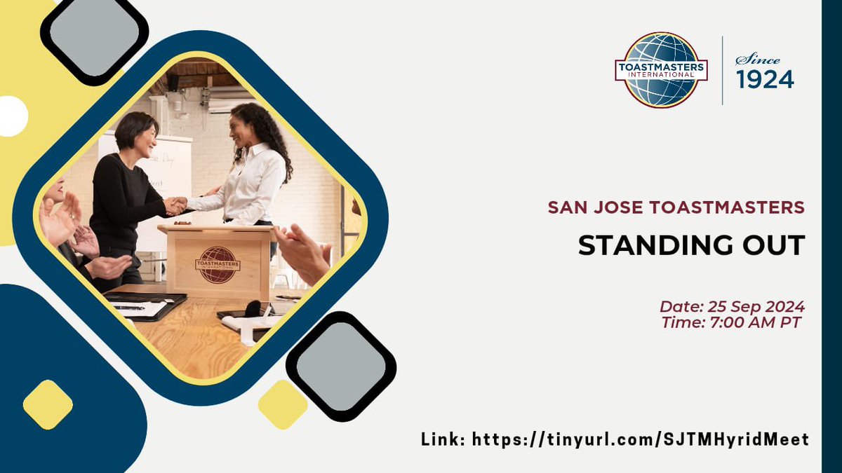 SanJoseToastmas's tweet photo. We at the San Jose Toastmasters invite you to our meeting theme Standing out.

Here are the meeting details:
Date &amp; Time: September 25, 2024 - 7:00 AM PST

Zoom Registration Link: https://t.co/1Fep0xc1zC

You may follow our Facebook group at https://t.co/mXcratj3KF https://t.co/do9lUAxHB0