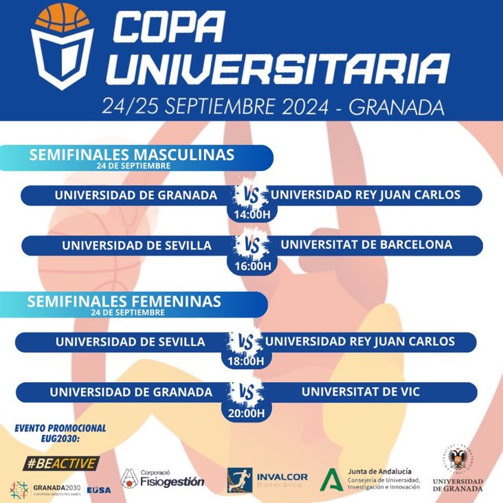 Hoy semifinales de la Copa Universitaria. Andalucía se une a Madrid y Catalunya, femenina y masculina. Esperamos que el nivel de intensidad y educación sea similar a las ediciones anteriores.
