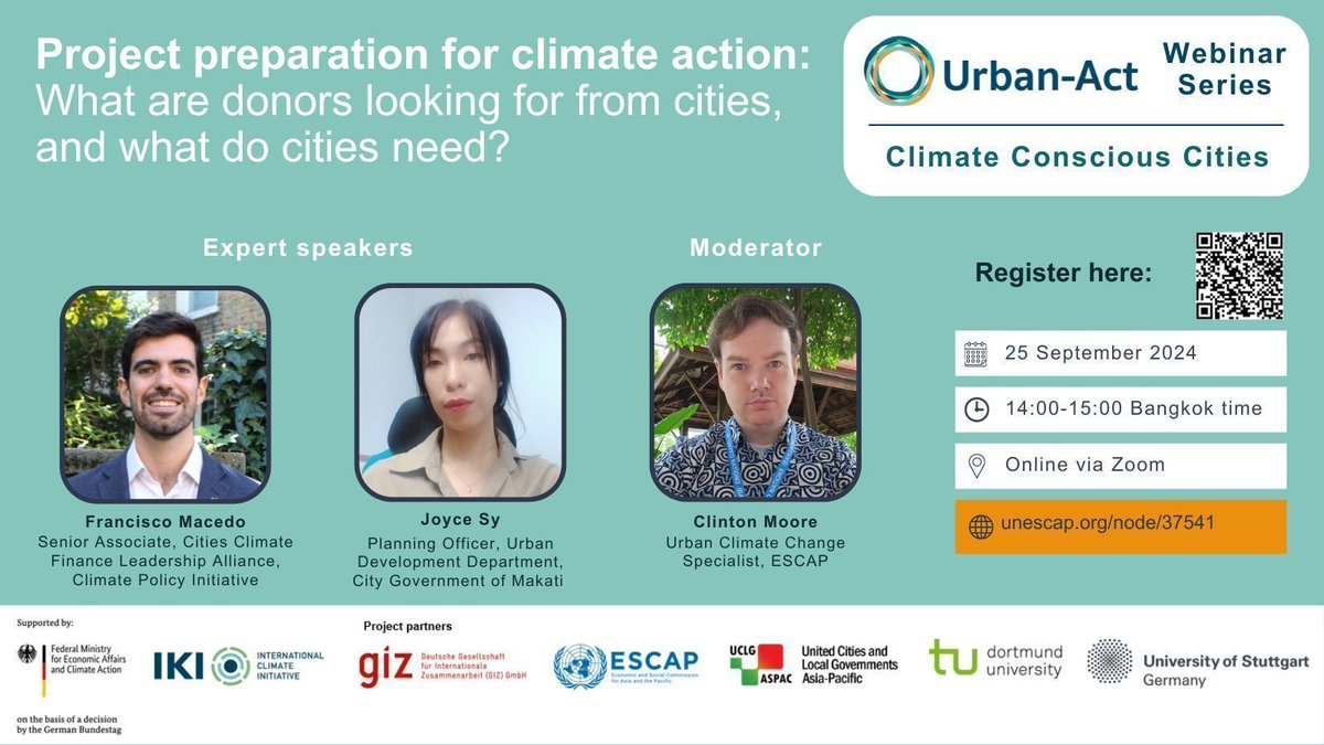 📢 Project preparation for #ClimateAction – What are donors looking for from cities, &amp; what do cities need

Don't miss the latest edition of our #UrbanAct webinar series!

🗓️Date: 25 September
⏰Time: 14:00 (UTC+7)

Register: buff.ly/3ZPns8X