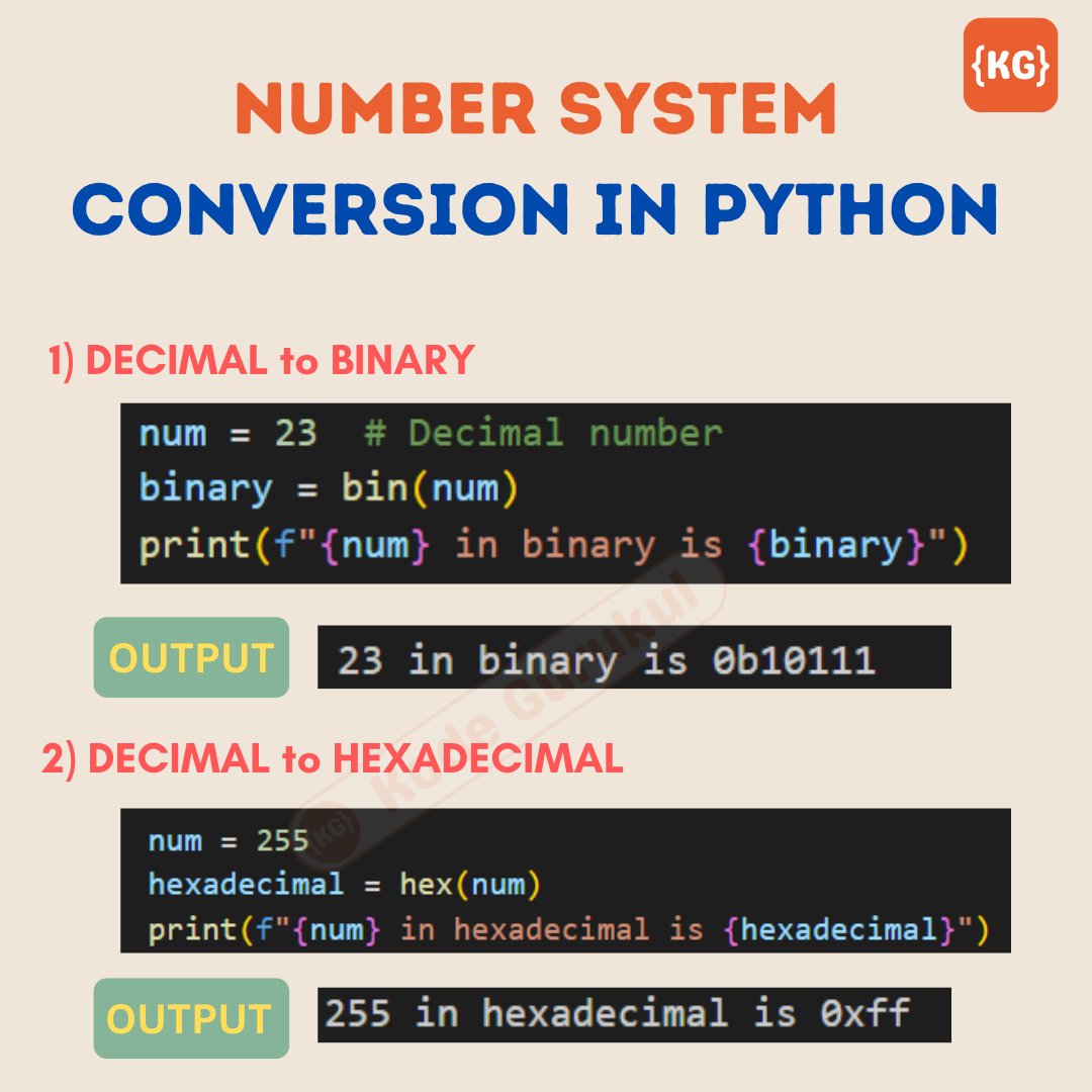 kodegurukul's tweet image. 🖥️🎯 NUMBER SYSTEM CONVERION IN PYTHON 🔢 🐍
BEGINNERS SAVE IT 🔔📌
#logicalpython #developer #development #coder #coding #computer #internet #java #javascript #python #html #webdevelopment #website #programming #programmer #linux #windows #google #microsoft #learn #free