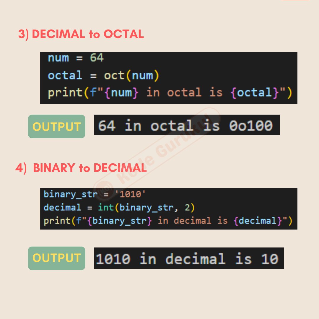 kodegurukul's tweet image. 🖥️🎯 NUMBER SYSTEM CONVERION IN PYTHON 🔢 🐍
BEGINNERS SAVE IT 🔔📌
#logicalpython #developer #development #coder #coding #computer #internet #java #javascript #python #html #webdevelopment #website #programming #programmer #linux #windows #google #microsoft #learn #free