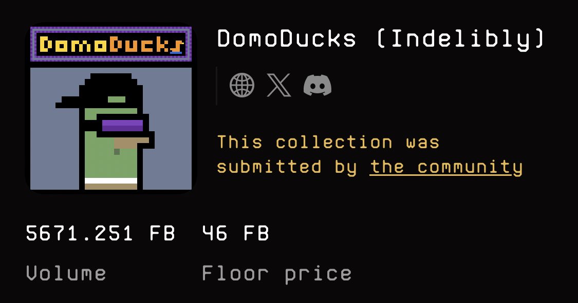 🚨Like I told y’all on <a href="/DomoDucks/">DomoDucks</a> - you’ve probably sold too early. 

• Floor from find - 5.1 $FB
• First updated call - 20 $FB [4x]
• Current floor call - 46 $FB [9x]

— Leaders shall be leaders, following steadily since ordinals launch in 2023.