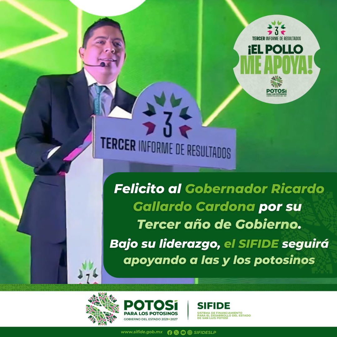 👏🏻👏🏻👏🏻 Felicitamos al Gobernador <a href="/RGC_Mx/">Ricardo Gallardo Cardona 🇲🇽</a> por el valioso apoyo brindado a las y los potosinos durante sus primeros tres años de gobierno. 

✅ Las y los colaboradores del @SIFIDESLP seguimos comprometidos con su notable labor en beneficio del desarrollo económico del Estado.