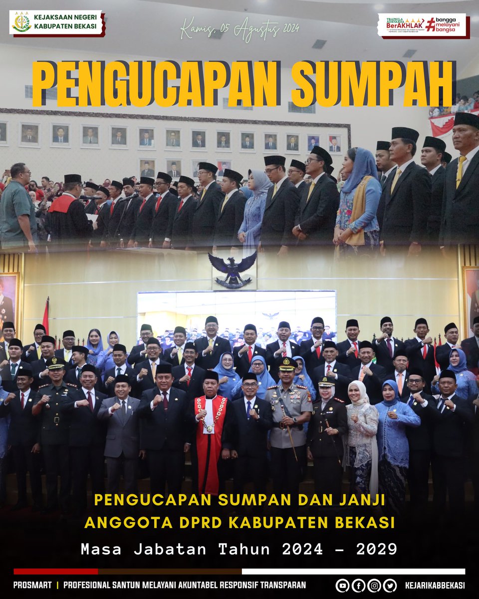 Kamis, 05  September 2024 Pukul 14.00 WIB s.d Selesai Kepala Kejaksaan Negeri  Kabupaten Bekasi Ibu Dwi Astuti Beniyati, S.H., M.H. beserta jajaran  FORKOPIMDA melaksanakan kegiatan Pengucapan Sumpah / Janji Anggota DPRD  Kabupaten Bekasi Masa Jabatan 2024 - 2029