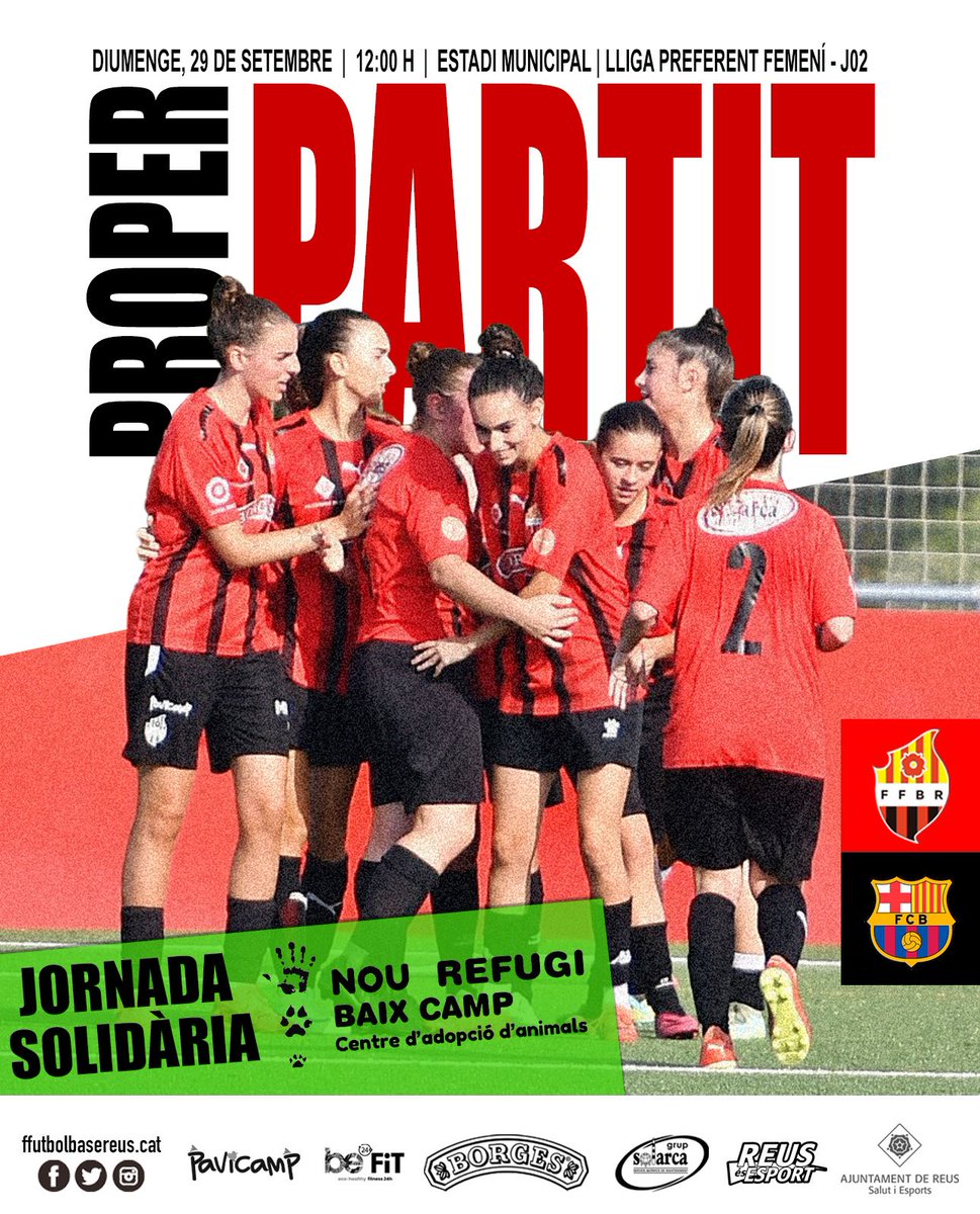ReusFem's tweet photo. 𝐃𝐈𝐔𝐌𝐄𝐍𝐆𝐄 𝐃𝐄 𝐑𝐄𝐔𝐒-𝐁𝐀𝐑Ç𝐀 𝐀 𝐋’𝐄𝐒𝐓𝐀𝐃𝐈!
🏆 J02 Preferent Femení
🆚 @FCBfemeni C
🗓️ 29 de setembre
🕛 12:00
🏟️ Estadi Municipal
🎟️ Entrada solidària: 2€
🐾 𝘓𝘢 𝘳𝘦𝘤𝘢𝘱𝘵𝘢𝘤𝘪ó 𝘦𝘴 𝘥𝘦𝘴𝘵𝘪𝘯𝘢𝘳à 𝘢𝘭 𝘕𝘰𝘶 𝘙𝘦𝘧𝘶𝘨𝘪 𝘉𝘢𝘪𝘹 𝘊𝘢𝘮𝘱 https://t.co/SrYES4SRsP