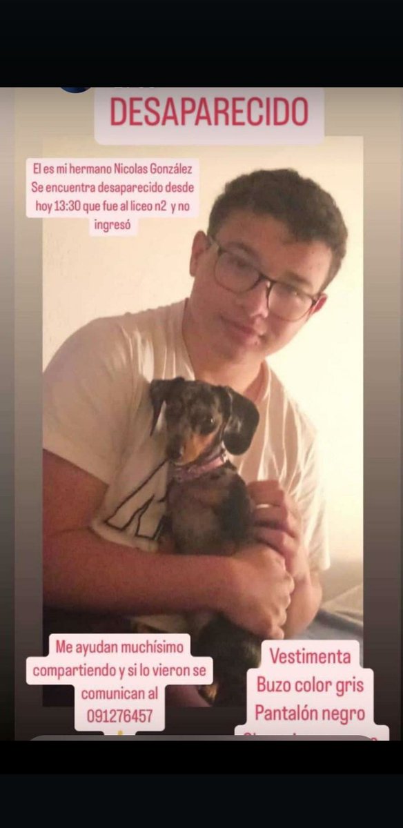 El joven Nicolás González, de 14 años, se encuentra ausente de su casa. Por información comunicarse al 091276457