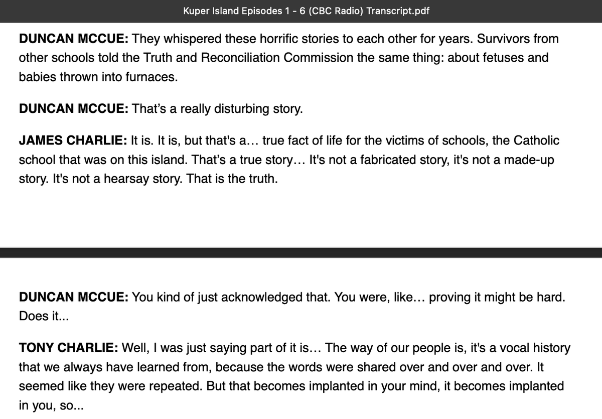 TRCTruth's tweet photo. In CBC podcast "Kuper Island (2023)" reporter DUNCAN MCCUE says:

"They whispered these horrific stories to each other for years. 

Survivors from other schools told the Truth and Reconciliation Commission the same thing: 

about fetuses and babies thrown into furnaces"

REALLY!? https://t.co/SEYr7YBdde