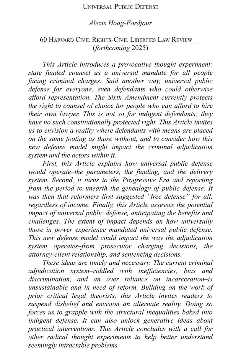 Alexis Hoag-Fordjour (@ahoagfordjour) on Twitter photo My article, Universal Public Defense, found a home in <a href="/HarvardCRCL/">Harvard CRCL</a>, vol. 60 (forthcoming 2025). How might mandated UPD, where everyone is req’d to receive a state funded defender regardless of income, change the criminal adjudication system? I welcome comments & feedback 🙏🏾 My article, Universal Public Defense, found a home in <a href="/HarvardCRCL/">Harvard CRCL</a>, vol. 60 (forthcoming 2025). How might mandated UPD, where everyone is req’d to receive a state funded defender regardless of income, change the criminal adjudication system? I welcome comments & feedback 🙏🏾