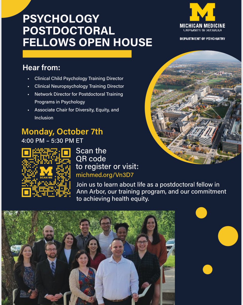 Are you on the market for your postdoctoral fellowship in child/adult psychology or child/adult neuropsychology? 

Come find out about the <a href="/umichmedicine/">Michigan Medicine</a> programs at our virtual open house on Monday, October 7! See the flier below for registration info.
