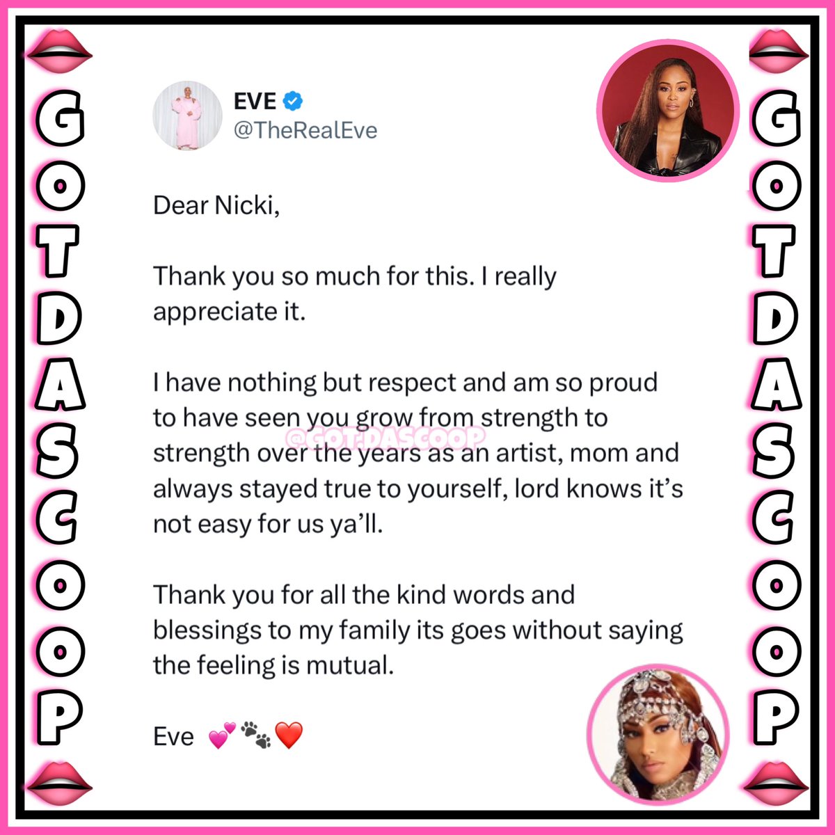 GotDaScoop's tweet photo. Nicki Minaj &amp; Eve had a beautiful exchange 🥰💖✨🎀 https://t.co/wcUivclapc