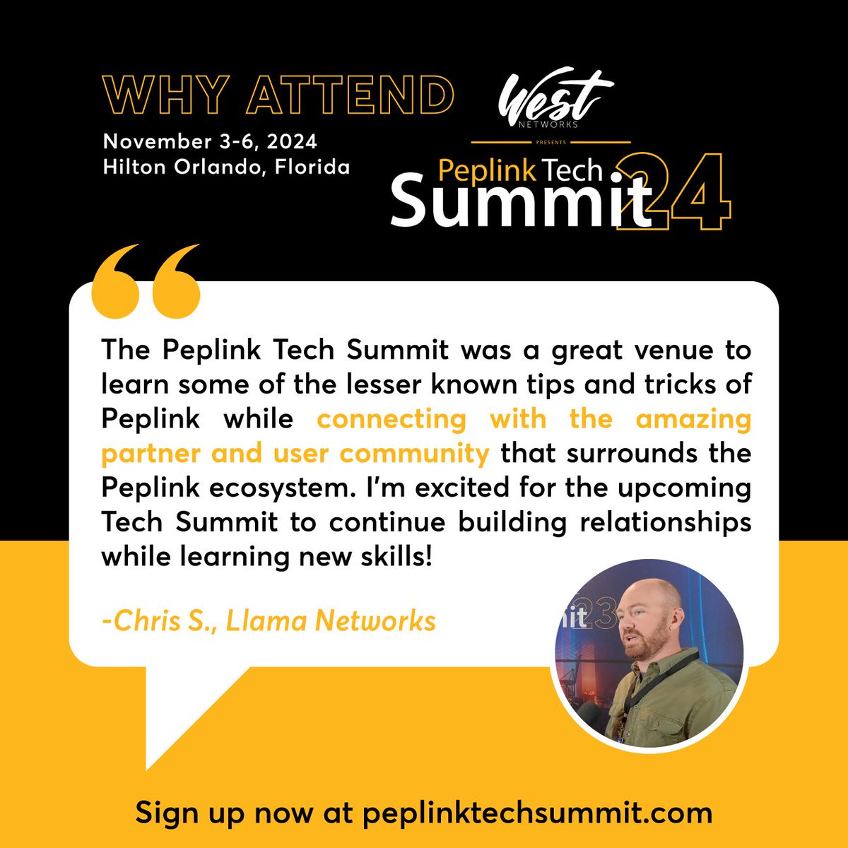 Peplink's tweet photo. The West Networks Peplink Tech Summit 2024 will be filled with new insights to level up your Peplink expertise, sharpen your skills, and expand your network. 💡 Don’t just take it from us, here’s what Chris from Llama Networks had to say. Don’t miss out: https://t.co/NujceQIQRq https://t.co/z5kMbzo7cS