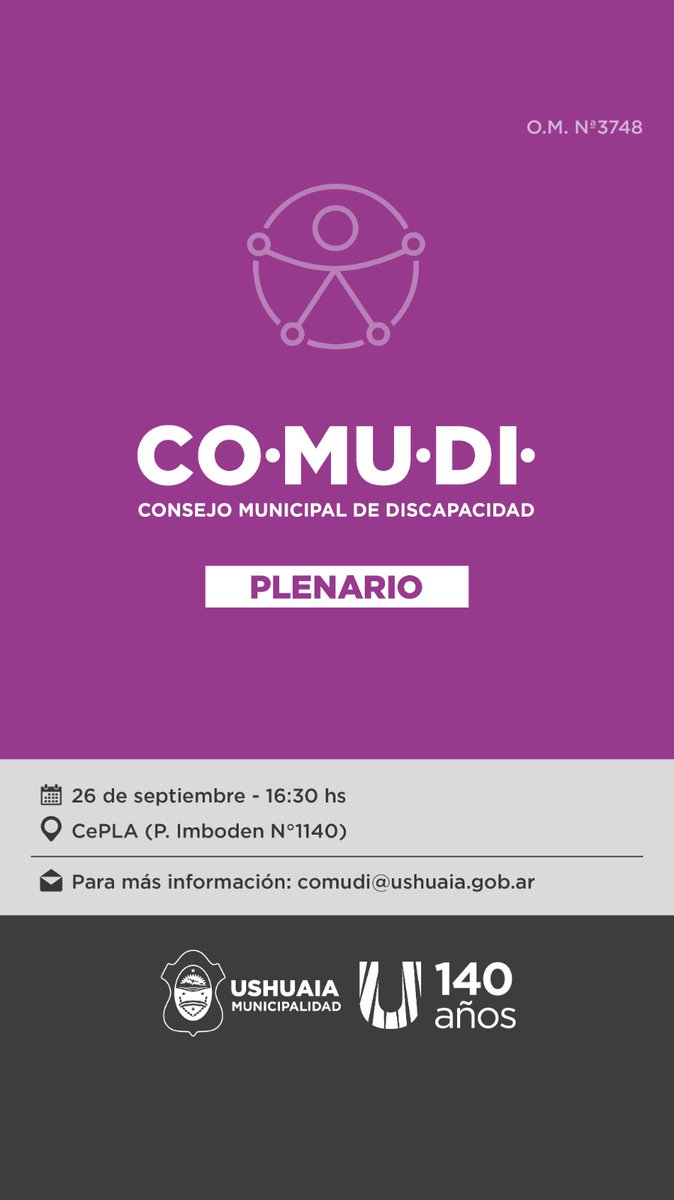 Nuevo Plenario de COMUDI Ushuaia!!!! Jueves 26 de septiembre a las 16:30 horas estaremos hablando sobre Empleo y Trabajo a favor de Personas con Discapacidad.