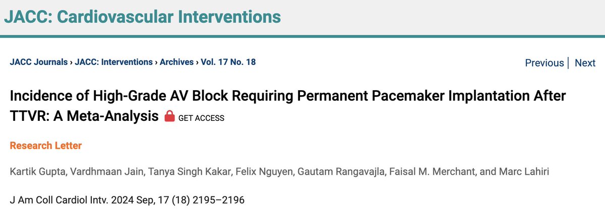 In 9 studies with 486 patients undergoing transcatheter replacement of TV for severe TR without a pacemaker at baseline, 11% (95% CI 6, 16) required a pacemaker post-procedure, all in &lt;30 days.

Link to our meta-analysis
authors.elsevier.com/a/1jpgO6uPJvuV…