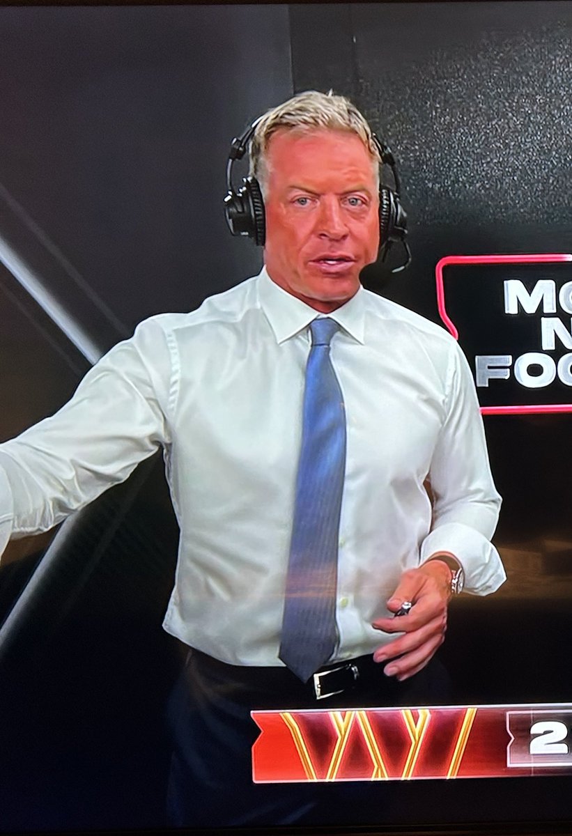 Finna_Go_HAM's tweet photo. Troy Aikman has either spent way too much on spray tans, or he’s in liver failure. #KnowWhenToSayWhen #MNF https://t.co/BS2h1k0HJZ
