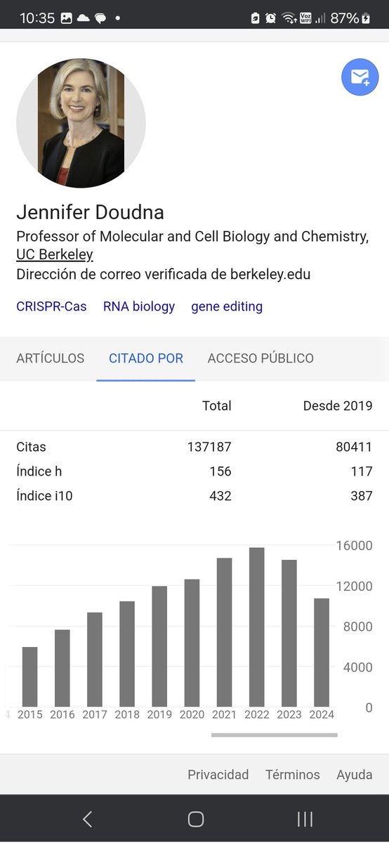 fmorales_ubb's tweet image. Jennifer Anne Doudna H index 156 !!! La Cubillos ni tiene perfil en Google Scholar. No se pone ni roja #caraderajismo que pena por los verdaderos academicos y académicas que si hacen la pega pero con otras tarifas alejadísimo de la regalía de la Sra.