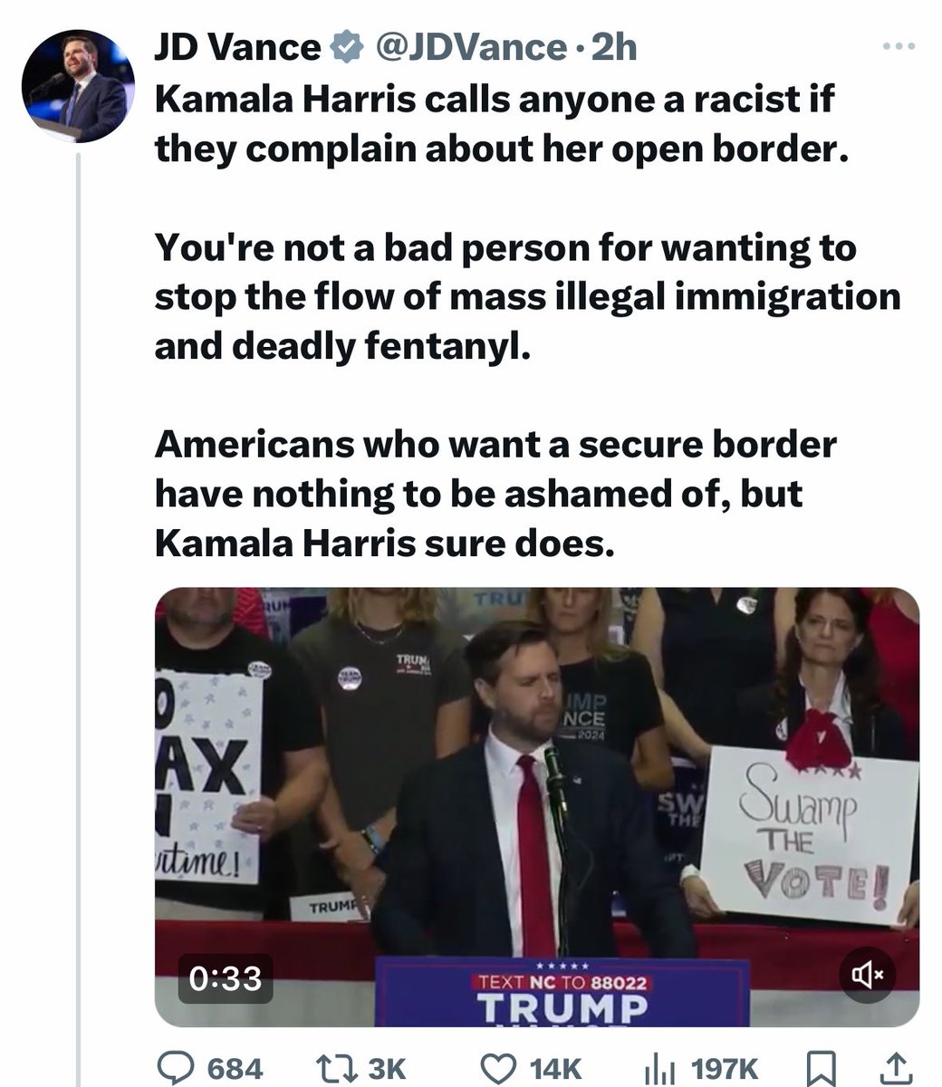 1. We do not have an open border

2. TRUMP was unilaterally responsible for killing the bipartisan bill to help secure the border

3. Virtually 9/10 of Fentanyl in the U.S. is brought in through LEGAL PORTS OF ENTRY by AMERICAN CITIZENS

4. <a href="/JDVance/">JD Vance</a> is a lying racist sack of shit