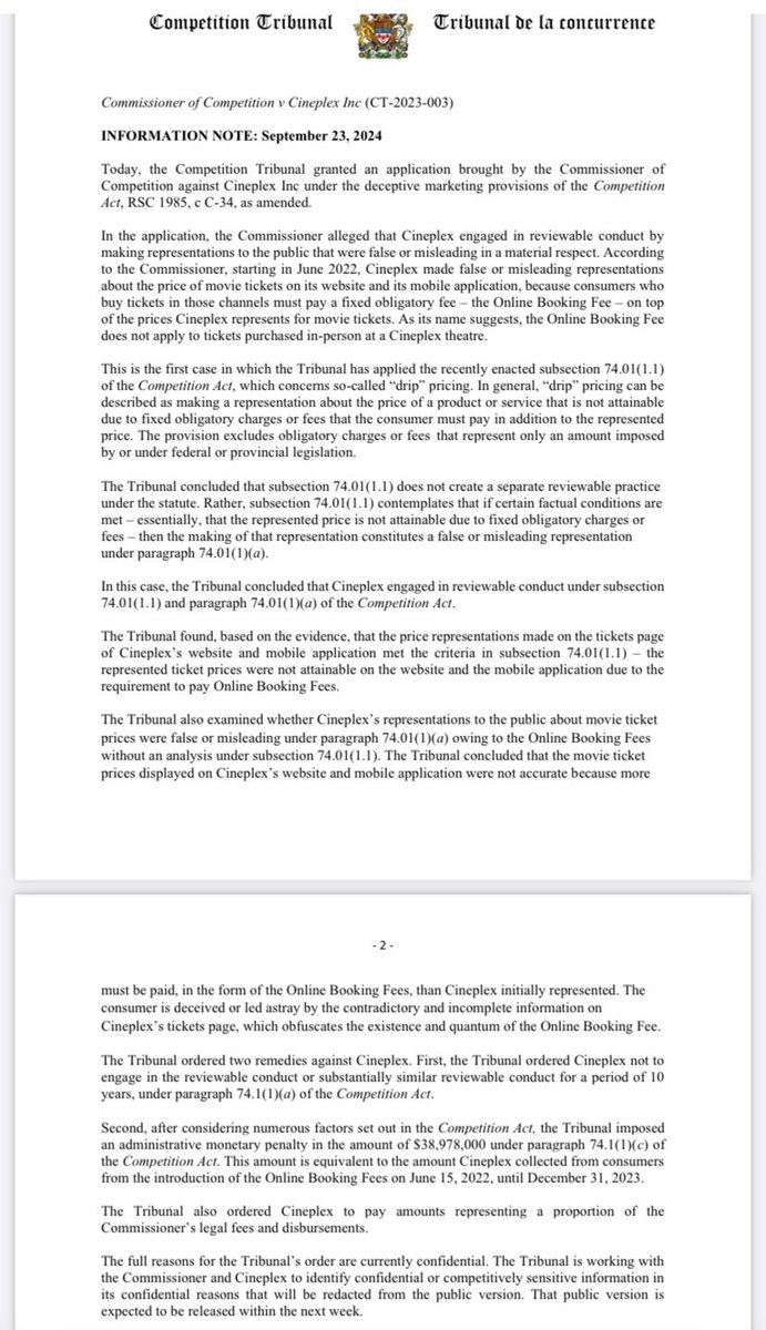 BREAKING: Cineplex ordered to pay record penalty of nearly $39-million after Competition Tribunal finds Canada’s largest theatrical exhibitor engaged in drip pricing by adding a mandatory $1.50 online booking fee. Cineplex can go to Federal Court of Appeal.