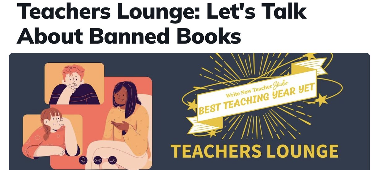 Interested in joining me, <a href="/CathyFleischer1/">Cathy Fleischer</a>, and some <a href="/writingproject/">Writing Project</a> friends to talk about #BannedBooks? Swing by the Teachers Lounge tomorrow (Tues.), 5:00pm-5:30pm CDT. Learn more about #NWP's space for teachers of writers &amp; writing: studio.nwp.org  #EverydayAdvocacy