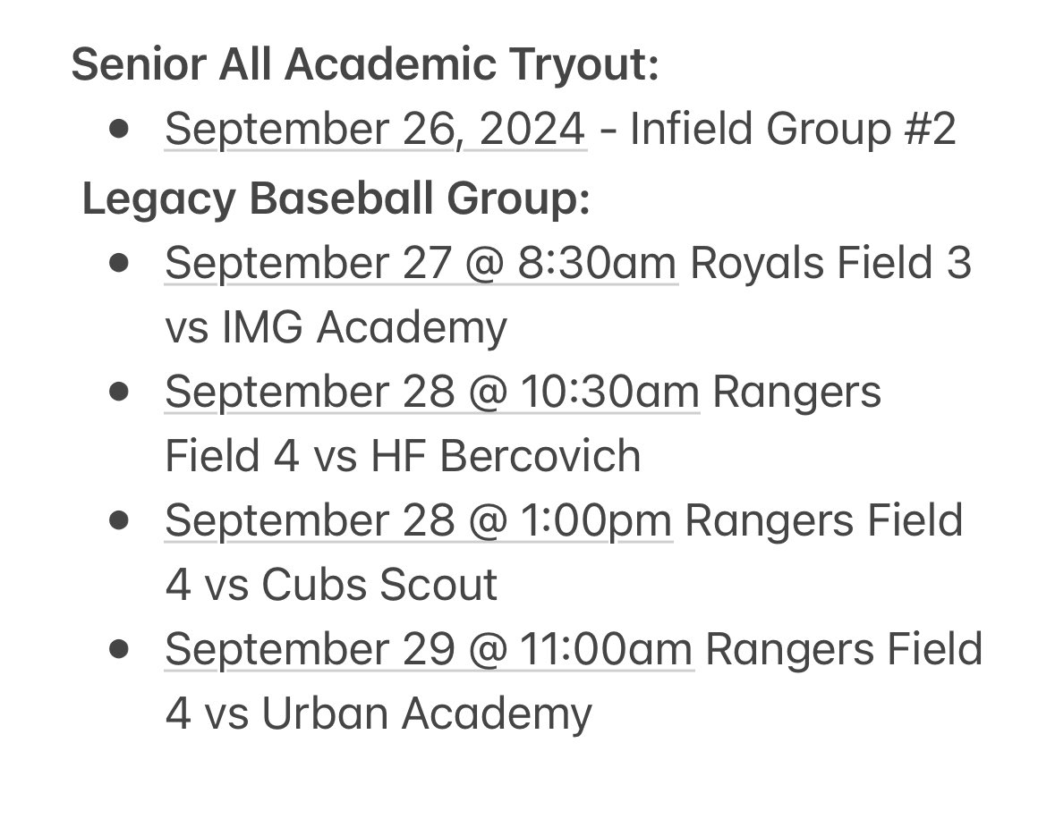 Here is my AZ Senior Fall Classic schedule with <a href="/LegacyBBGroup/">Legacy Baseball Group</a> 
<a href="/hwbaseball/">Harvard-Westlake</a> <a href="/OBC_Recruits/">Oliveira Baseball Consulting</a>