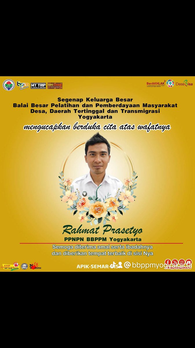 Inna lillahi wa inna ilaihi roji'uun
Turut berduka cita atas berpulangnya salah satu pegawai terbaik, saudara kami,  Rahmat Prasetyo, A.Md. pada hari Selasa, 24 September 2024.

Terimakasih atas dedikasi dan pengabdian selama ini