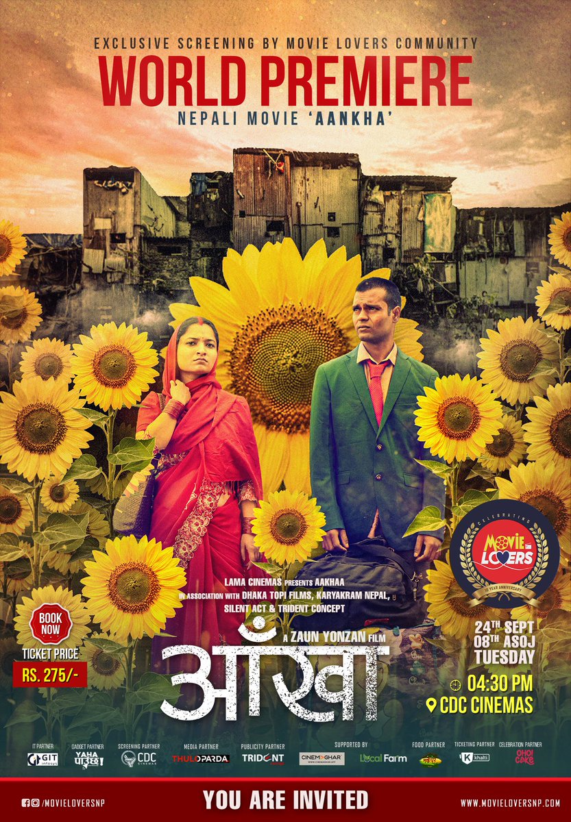 Today is the day ! 

आज 'आँखा' फिल्मको  World Premiere गर्दैछौं । मुभी लभर्स १० वर्ष पुगेको उत्सव पनि मनाउनेछौँ । साथसाथै मुभी लभर्सको यात्रा समेटेको १२ मिनेटको वृत्तचित्र पनि देखाँउदै छौं ।

आजको कार्यक्रम unmissable नै हो ।

Tickets available here: movieloversnp.com/product/aakha/