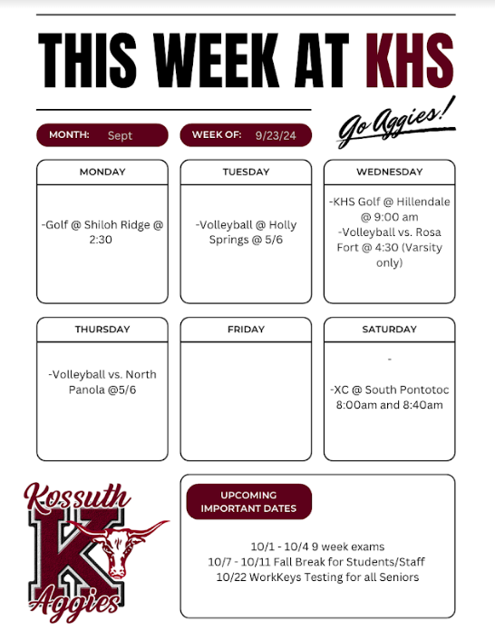 We have another exciting week at Kossuth High School. 
#KossuthHighSchool #WeAreKossuth #GoAggies