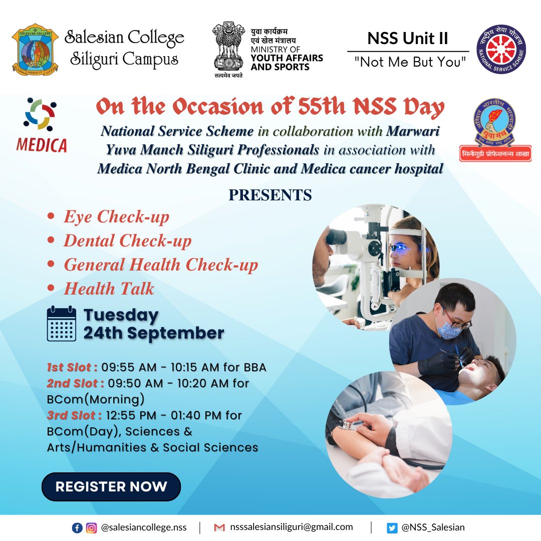 NSS_Salesian's tweet photo. On the occasion of the 55th NSS Foundation Day, NSS Unit II of Salesian College (Autonomous), Siliguri, in collaboration with Marwari Yuva Manch Siliguri Professionals, Medica Hospital Siliguri &amp; Rangapani, is organizing a full-day health camp on 24th September 2024. https://t.co/6pjoYrvKoo